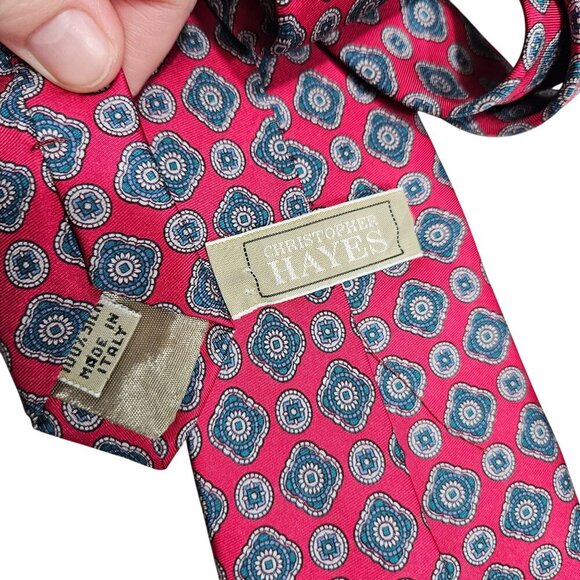 Christopher Hayes Vintage Red & Blue Patterned Silk Tie Made In Italy Medallion - Picture 3 of 5